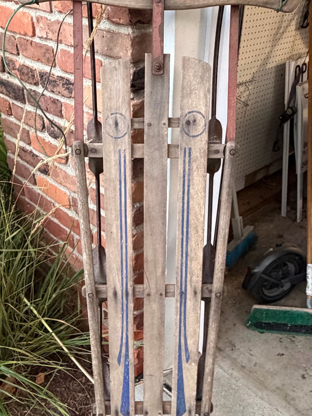 Vintage Wooden Sled with Blue Stripe Accent - Unbranded